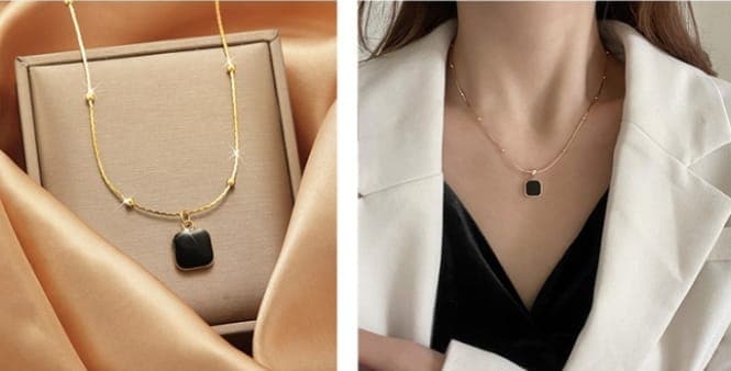Gold Pendant Necklace, Black Stone