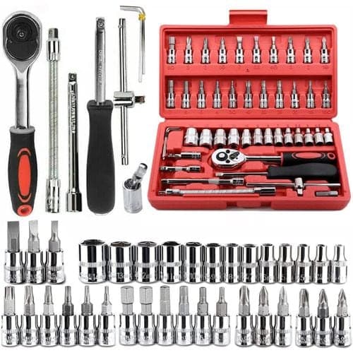 46-Piece Socket Wrench Set, Ratchet Spanner Toolkit with Zinc-Plated Finish, Red Case