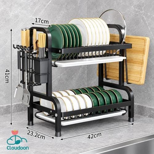 cloudoon Kitchen Storage Rack & Organizer, 2-Tier Dish Rack & Drainer with Utensil Holder - Black