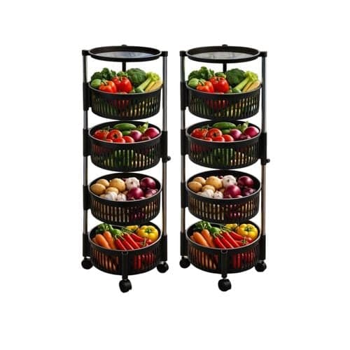 4-Tier Rotating Round Fruit & Vegetable Rack - Multi-Layer Kitchen Storage Organizer Trolley with Wheels — Display
