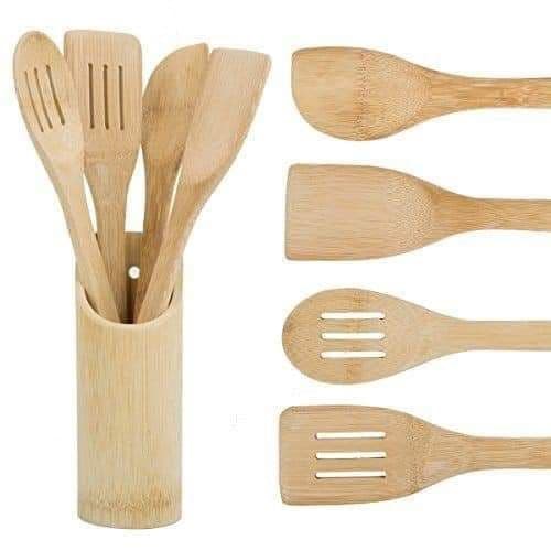 4-Piece Bamboo Wooden Cooking Utensil Set with Holder — Display
