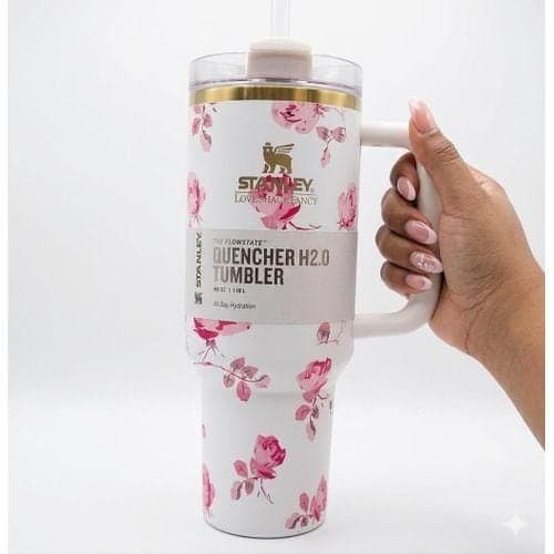 Stanley Cup Floral White Quencher Tumbler – Insulated Travel Mug with Handle & Straw , Elegant Flower Design ,Keeps Drinks Cold 24H+